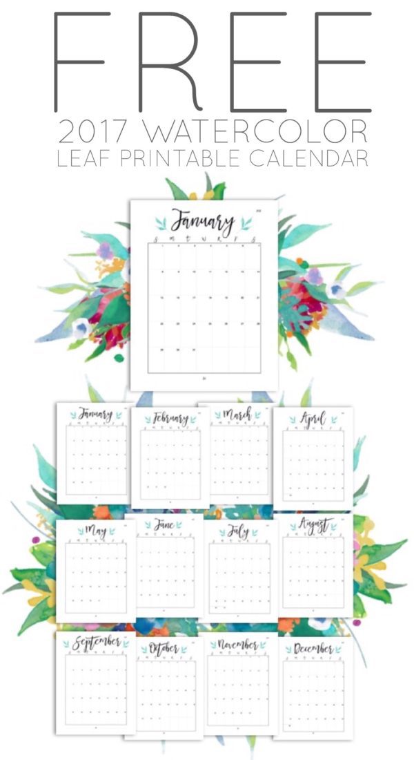 Free 2017 Watercolor Leaf Printable Calendar