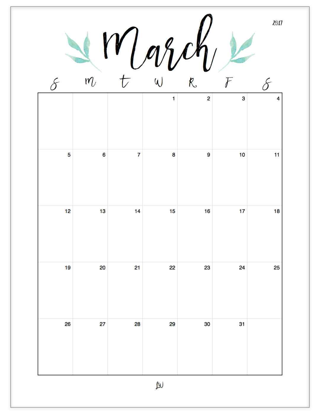 Free 2017 Watercolor Leaf Printable Calendar